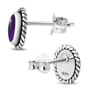 Medium Oval Amethyst Stone Stud Silver Earrings, e335